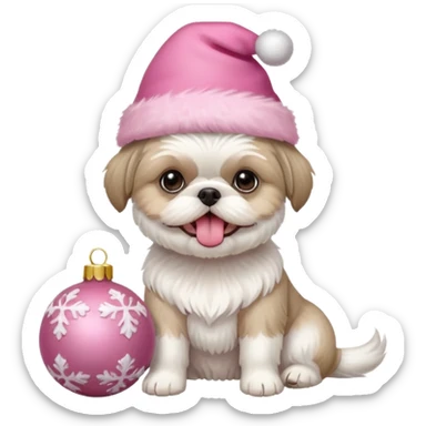 one white all over little shih tzu dog short hair with tongue hanging out sitting with light pink christmas hat sitting next to pink ornament sticker