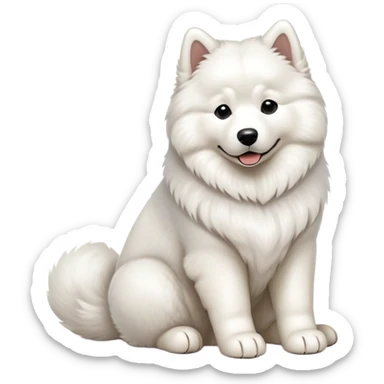 cinematic-[samoyed]-realistic-full-body-sitting-emoji,-tail-resting-loosely-beside-its-paws,white eyes-head-tilted-dramatically, -fluffy-[white]-fur,-simplified-yet-realistic-focused-features,-highly-detailed,-glowing-with-an-almost-sarcastic-glow sticker