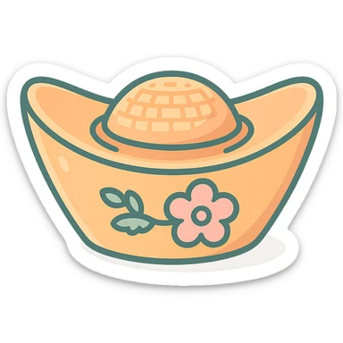 Create a Chinese gold ingot (yuanbao) with floral decoration, in icon-color-outlined style with shadows and highlights, thin clean contours, soft rounded shapes. Use a pastel palette: #98B5BC, #B5B3C1, #C9A3C9, #E4C0CA, #F7DCD1, #F7C0AA. Modern Japanese pop-art and sticker aesthetics, high detail, vector sharpness, soft lighting, transparent background. Shape as in the reference. sticker