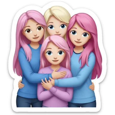 four white girlfriends hugging and smiling    2 girls with brown eyes and long dark brown hair. One with long light pink hair and blue eyes, one girl with blue eyes and light blonde hair sticker