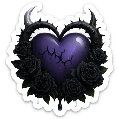 Make the black roses much more prominent and detailed, keeping the gothic heart, deep purple glass, crescent moon dripping silver, subtle lightning, rainy mist, cracked glass glowing softly, in the style of 3D emoji style, with no background. sticker