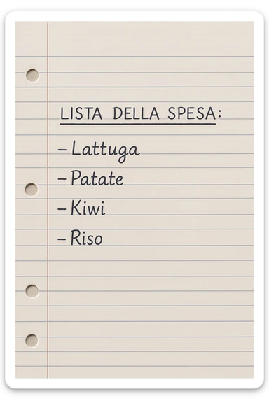 FOGLIO DI CARTA A RIGHE CON LISTA DELLA SPESA SCRITTA A PENNA:
"LISTA DELLA SPESA:
- Lattuga
- Patate
- Kiwi
- Riso", iperealistico 4k sticker