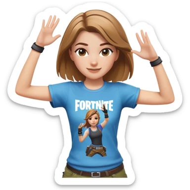 White girl with light brown hair dancing with Fortnite shirt sticker