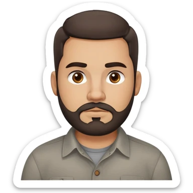 Stocky approachable man with light brown complexion, round friendly face, full cheeks, kind dark eyes, thick eyebrows, wide nose, medium lips with warm expression, short well-maintained full beard, short dark hair with simple cut, wearing a gray casual button-up shirt sticker