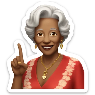 An older woman in a red silk top is smiling and giving a peace sign. She is wearing gold jewelry, including a necklace with a heart pendant. She is standing in a room and the red door is partially visible in the background. sticker