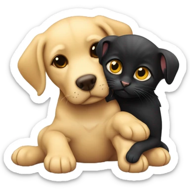 Small black kitten cuddling with dark yellow Labrador dog sticker