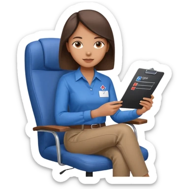 Generate an emoji of a female AI ethicist in blue shirt brown pant sitting in a chair and has a checklist stating AI ethics elements like stop bias, fairness score sticker