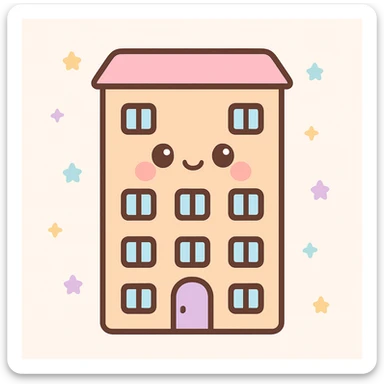 apartment building, kawaii chibi anime style, flat pastel colors, thick outlines, simple cute features sticker