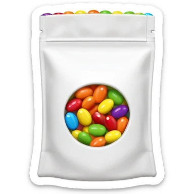 Extremely simplified half-open Skittles pouch with just a few green candies peeking out. Clean rainbow colored minimal design. sticker