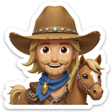 clash-of-clans-aesthetic_-cinematic-playful-cowboy-portrait-emoji, head-tilted with a roguish, cheeky grin and twinkling eyes, featuring a wide-brimmed cowboy hat and a weathered bandana on tan skin, riding a powerful galloping horse with dynamic flowing mane, reins gripped firmly in one hand and a lasso in the other, as dust swirls behind them in a vast desert landscape. sticker