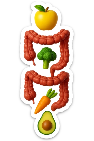 emoji stile iphone in 3d di cibo sano che fluttua in aria vericalmente insieme a pezzi di colon umano anatomico, iperrealistico 4k sticker
