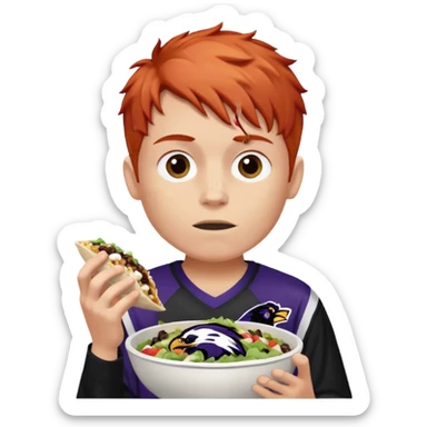 a red-haired boy wearing a ravens jersey and eating a chipotle burrito bowl sticker
