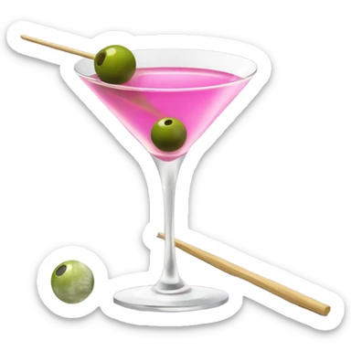martini glass with olives and pink sticker