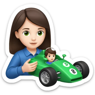 brunette kid playing green formula 1 toy sticker