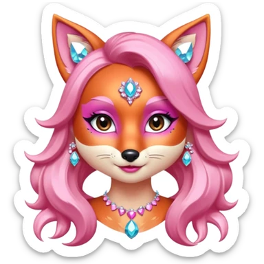 glamorous fox portrait, head and shoulders only, exaggerated pink makeup, bright eyeshadow, long eyelashes, shiny blush cheeks, sparkling face gems, glitter accents, elegant earrings, fantasy beauty style, cute 3D cartoon, mobile game icon style, clean background, no text, no watermark
 sticker