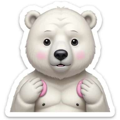 Make a humanoid polar bear shrugging, he must look doubtful, showing only from chest above, no legs, his nose must be pink sticker