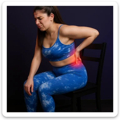 A slender woman in 4K, sitting on a chair, slightly curved back, left hand massaging the lumbar area, contracted face, reddened lumbar area, inspired by the reference photo. sticker
