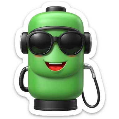 A cute 3D icon of a green gas pump character wearing oversized black sunglasses. Round and chubby proportions, glossy toy-like texture, soft pastel lighting, friendly expression, smooth edges, high-quality render, isolated on a transparent background. sticker