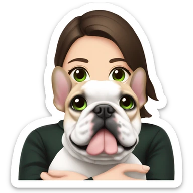 Brunette with dark green eyes in black sweater cuddling with her pied french bulldog who has black head with white line between eyes and pink harness sticker