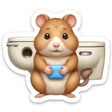 Cute chubby cartoon-style hamster sitting on toilet pooping looking as if he had an accident sticker