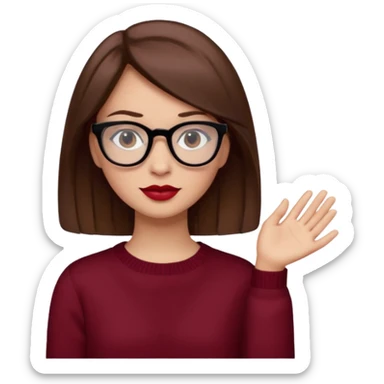 părul carre, șaten, ochii căprui, buzele roșii, ochelarii cu ramă neagră și pulover bordo sticker