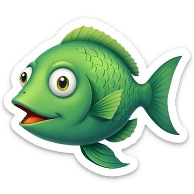 super derpy green fish with droopy eye and goofy overbite, perfect flat side profile facing right, exactly 90 degrees, completely 2D like a paper cutout, only one eye visible, absolute side view sticker