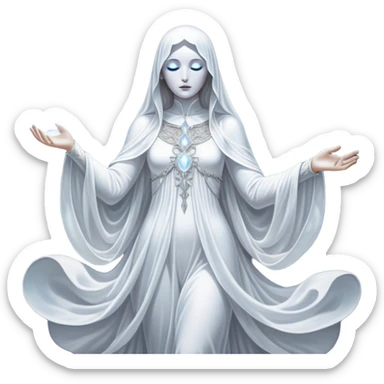 Cinematic, Ultra realistic 32k HD, Breathtaking piece of art, rim lighting, hauntingly beautiful art, mostly greyscale, Balanced features, highly detailed digital artwork, glowing with silver light, glowing, high shine, deviant adoptable, highly detailed clothing, remembrance, a painting of white silver, fanciful, enchanting, ghostly, embodying the essence of both reality and fantasy, dreamy, dreamy glow, optical illusion, immaculate composition, complex pose, air composition. The image is so lifelike that it feels as though it could leap off the canvas at any moment sticker