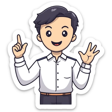 Management educator with black wavy hair, stubble, strong features, white skin, smart casual attire, gesturing while giving a business presentation, enthusiastic teaching expression sticker