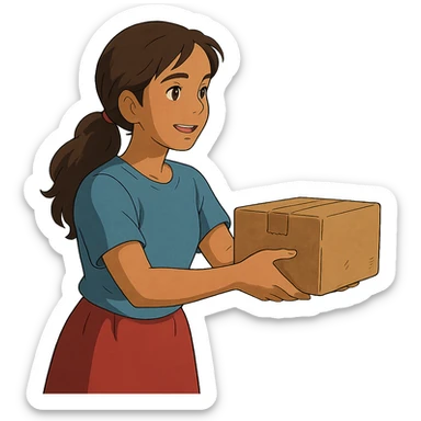 ghibli style mujer de piel morena entregando un paquete sticker