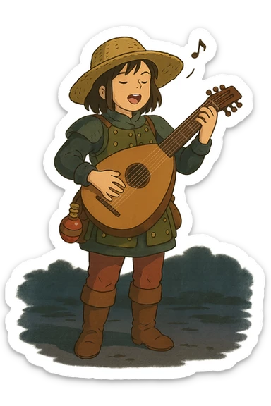 A female bard wearing brigandine armor with a sturdy straw hat, playing a fat lute and singing, night time shadows  , tool belt with red potion and bandages  sticker