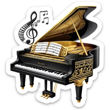 Create a sophisticated and celebratory emoji collage representing keyboard instruments, designed in the style of a coat of arms or crest. The design should feature a central, ornate grand piano with black and white keys, surrounded by a ribbon of musical notes. The ribbon should intertwine with a second ribbon made of black-and-white piano keys, creating a flowing, symmetrical pattern. Include delicate, elegant details such as the pedals of the grand piano, intricate woodwork, and the glossy, polished surface of the instrument. The musical notes should be swirling around the design in a harmonious, festive arrangement. Use gold, silver, and rich wood tones to evoke a sense of luxury and professionalism, with the black-and-white keys of the piano adding contrast. The background should remain transparent sticker