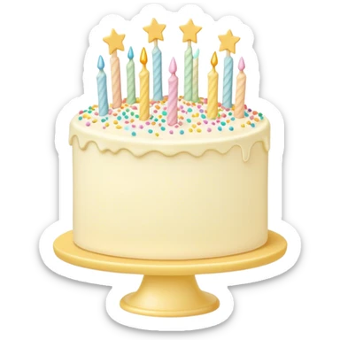 Vanilla buttercream cake on a light yellow cake stand, pastel colorful sprinkles and stars sticker