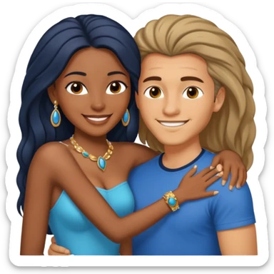 smiling embracing interracial couple from waist up. ebony woman with long hair and jewelry. brazillian man short hair wearing blue. sticker
