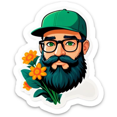 A bold man with a grey baseball cap, green eyes, big beard and glasses, holding a bouquet  sticker