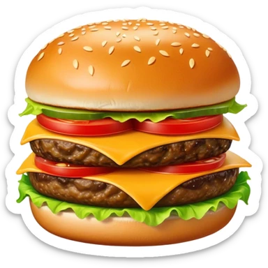 Cinematic juicy cheeseburger, perfectly grilled patty, melted cheese, crisp lettuce, tomatoes, and pickles, soft sesame seed bun, glossy and rich, warm glowing background, ultra-detailed and appetizing. sticker