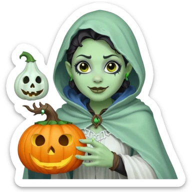 female orc ghost emoji, green skin, tusks, gentle smile, wearing flowing white ghost cloak with black eye holes, holding pumpkin lantern, faint glowing blue mist, Halloween fantasy, smooth Apple emoji style, white background, square sticker