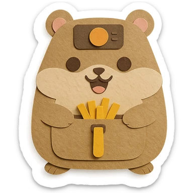 cute hamster-shaped air fryer, fluffy, holding tiny crispy fries, excited expression, soft brown, full-body sticker