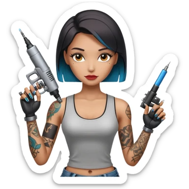 a cool looking ai robot half human sexy female tattoo artist sticker