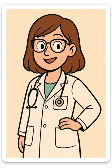 Female doctor with a different hairstyle, modern cartoon style, wearing a white coat and stethoscope, friendly expression. Maintain the modern cartoon style and medical theme. sticker