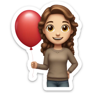 White skinned girl with brown hair and brown eyes holding a balloon that reads “Happy Valentine’s Day!” sticker