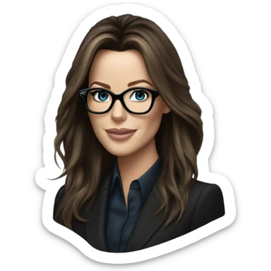 Hyper Realistic photo Kate Beckinsale blue eyes wearing glasses in a business meeting black dress sticker
