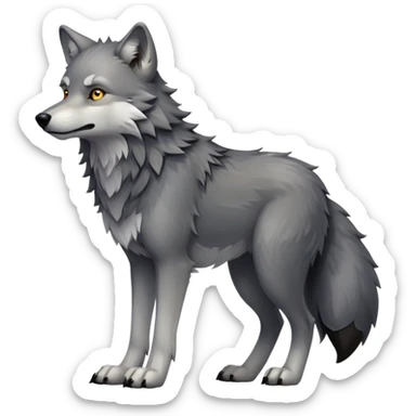 cinematic-[wolf]-realistic-full-body-standing-emoji,-tail-resting-loosely-beside-its-paws,-head-tilted-dramatically, -scruffy-[grey]-fur,-simplified-yet-realistic-focused-features,-highly-detailed,-glowing-with-an-almost-sarcastic-glow sticker