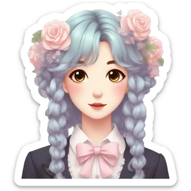 Gorgeous pastel anime style lady with blushing face and flowers and laces and bow ties and pretty hair aesthetic trending style sticker
