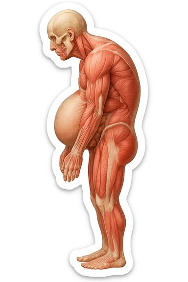 corpo umano anatomico realistico che si butta con la schiena e le spalle in avanti, pancia sporgente e postura delle spalle chiuse, isolato su sfondo bianco sticker