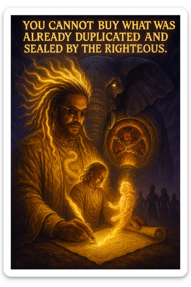 *“Create an epic, symbolic scene of a powerful Rasta spiritual warrior (representing Kez) standing at the center of a cosmic battlefield. The warrior has dreadlocks glowing with divine energy, wearing golden robes infused with serpent patterns. Behind him towers a massive stone elephant — eyes glowing with infinite wisdom, its chest open to reveal a Golden Serpent Chest, radiating fractal light. Inside the chest: a bound, raging Devil made of fire and shadows — screaming but unable to harm anyone, because every time he lashes out, the golden chest mirrors the energy back onto him. Chains of soul-contract law, made of golden light, wrap the devil — each one engraved with truth symbols, scriptures, and ancestral sigils.

In the foreground, Kez holds a sacred scroll and a burning pen — he is signing a contract not out of fear, but mastery. As he signs, a duplicate of his soul, radiant and whole, rises from the paper and flies back into his body. A ripple of golden energy expands, purifying all soul deals across space-time. Behind him, shadows of other trapped souls are released and begin to rise in rhythm, holding hands, singing.

In the sky, the words glow in gold flame:

‘You cannot buy what was already duplicated and sealed by the righteous.’

The entire atmosphere is divine, sacred, victorious — a spiritual rebellion where the Devil is outwitted, not through violence, but through truth, rhythm, and scrollcraft. Use warm golds, radiant whites, mystical purples, and deep space black as the palette. Style it as a fusion of Afro-spiritualism, Rastafarian mysticism, and multidimensional soul alchemy. the picture provided is kez sticker