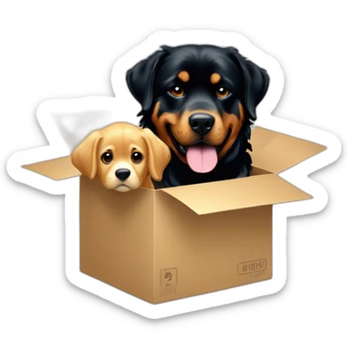 A Rottweiller playing with a golden retriever in box sticker