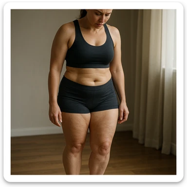 hyper realistic 4K image of a woman weighing herself on a scale, visibly fit but with stubborn fat on legs and thighs, detailed skin, atmosphere of self-analysis sticker