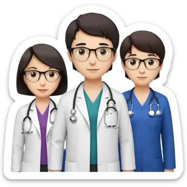 Four doctors standing together:

a female doctor with dark-colored short bob hair,

a young male doctor,

an older male doctor with white hair wearing glasses,

and a female doctor wearing glasses. sticker