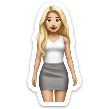 realistic caucasian blonde, long straight hair, white deep v-neck crop tanktop, gray tight mini skirt, walking body view sticker
