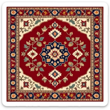Cinematic Realistic depiction of a richly patterned Turkish carpet, rendered with exquisite details and vibrant colors, set against a soft, warmly lit background that emphasizes its artisanal craftsmanship sticker